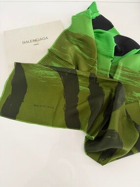 Balenciaga Green and Black Brushstroke Silk Scarf 32”x32”